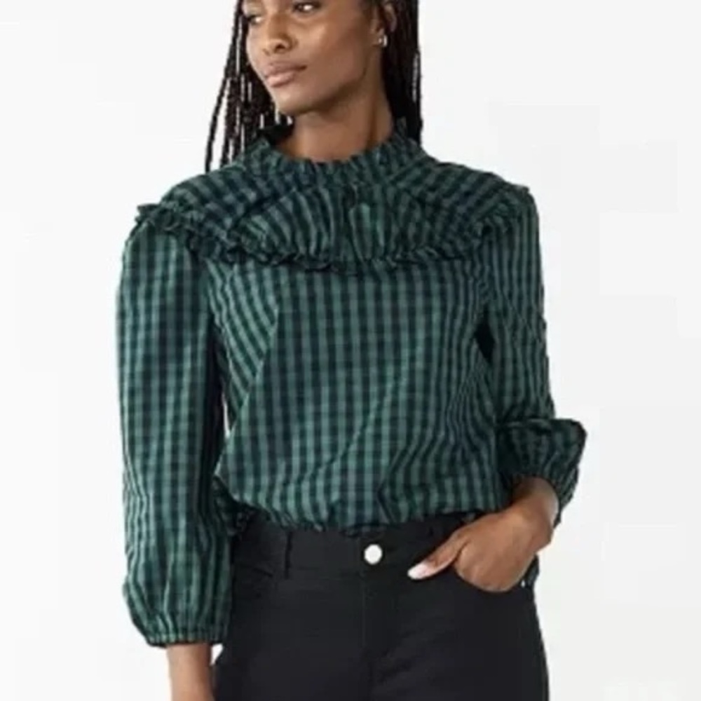 DRAPER JAMES RSVP Black Watch Plaid Ruffle Blouse Size Small